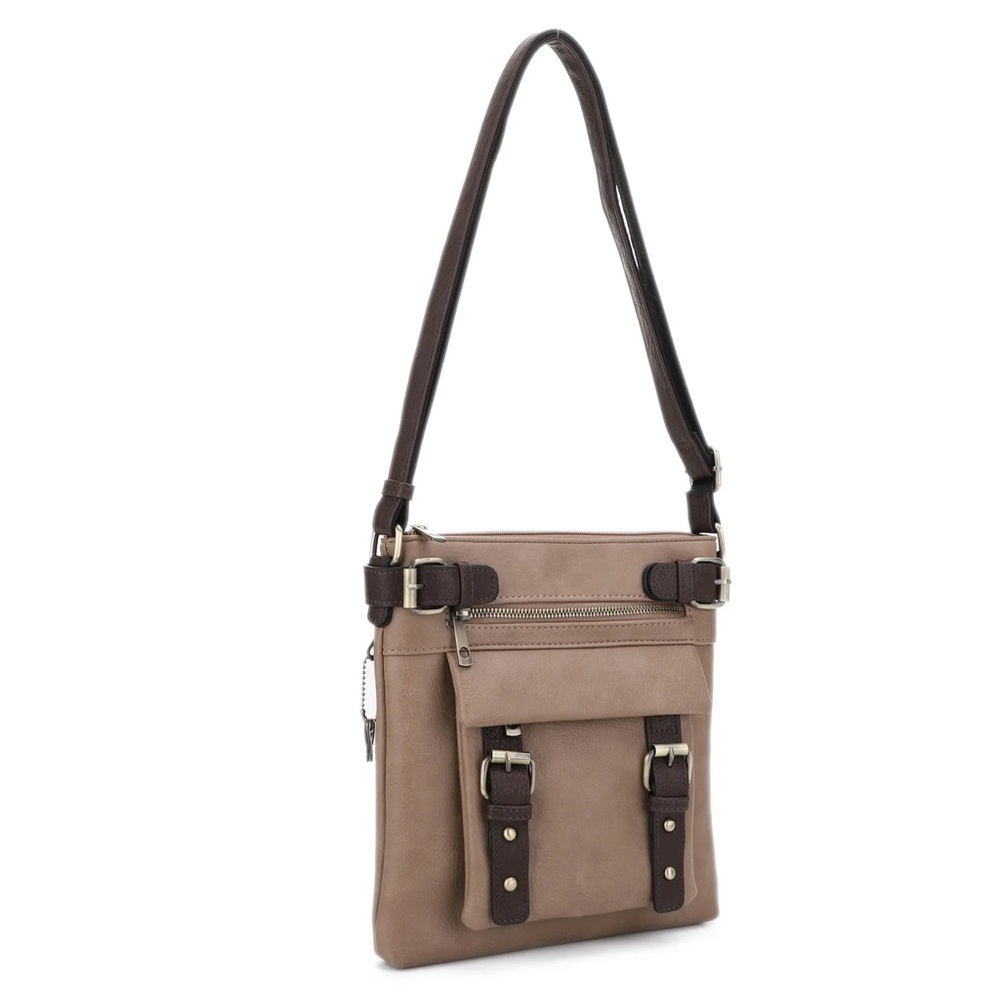 Taupe Crossbody Shoulder Bag with Dark Brown Trim